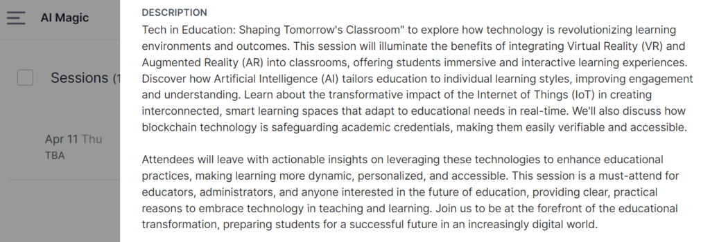 Magical Ai Descriptions: Chatgpt Prompts To Make Your Event Titles And Descriptions Take Off! 5 Screenshot Of More Concise Benefits Ai Descriptions On Sched Event Platform